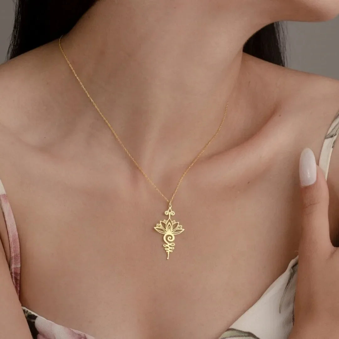 Elegant Lotus Unalome Necklace – Yoga Meditation Pendant in Stainless Steel
